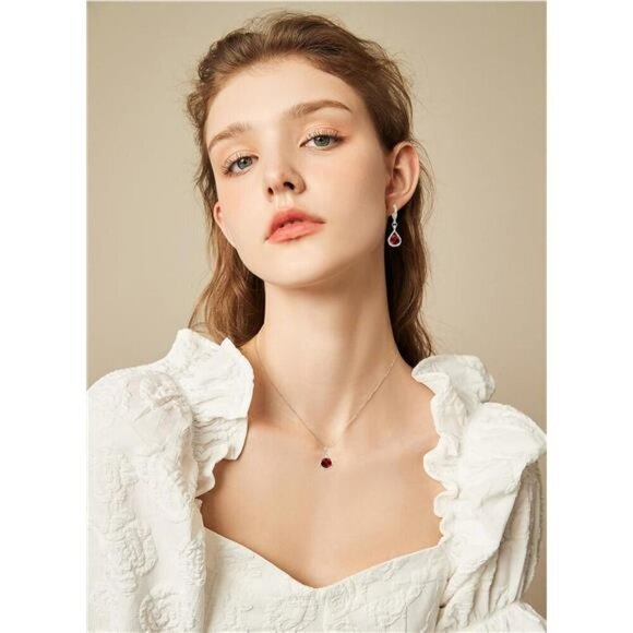 Simplicity Red CZ Teardrop Jewelry Set–Necklace and Earrings Set Evening or Work - Picture 2 of 7